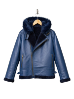 Blue Leather Aviator Shearling Jacket - Image 4